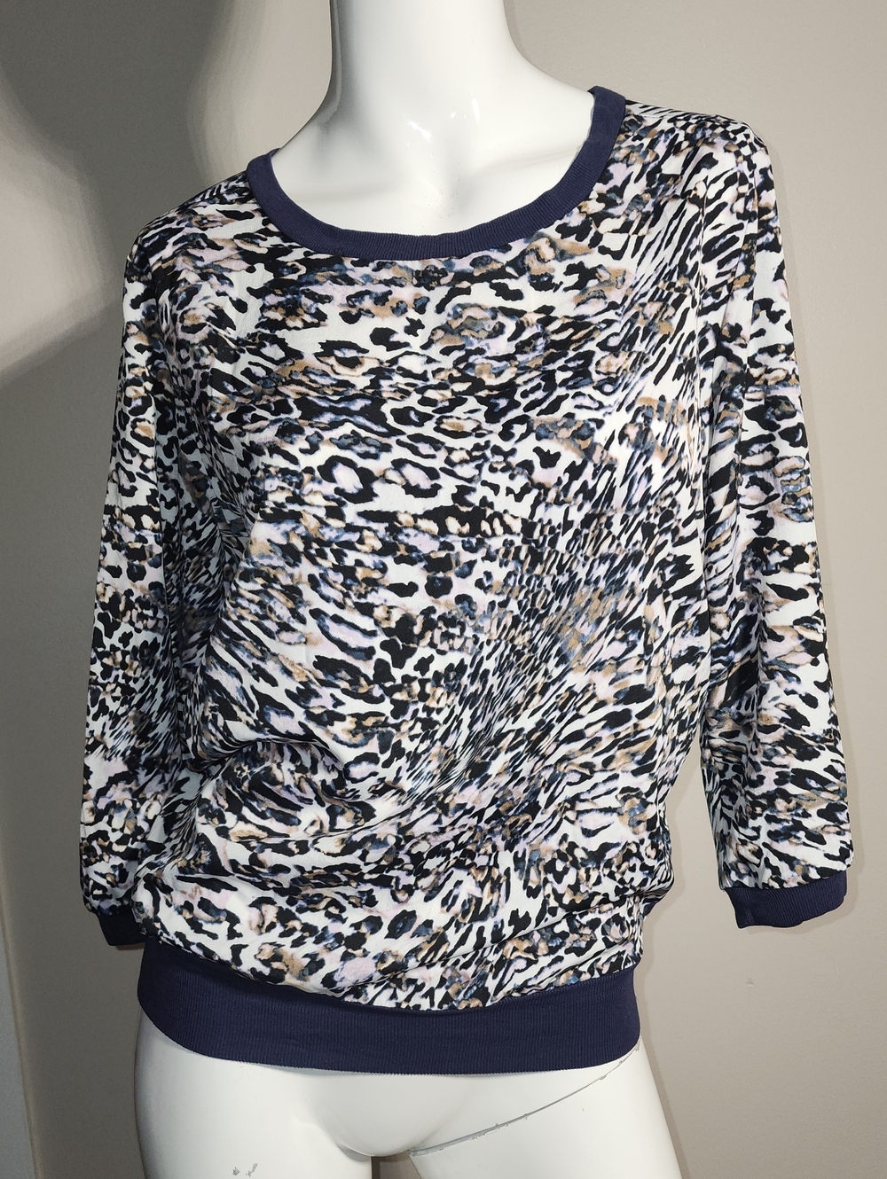 Jennifer Lopez Navy Trim Leopard Print Pullover Top